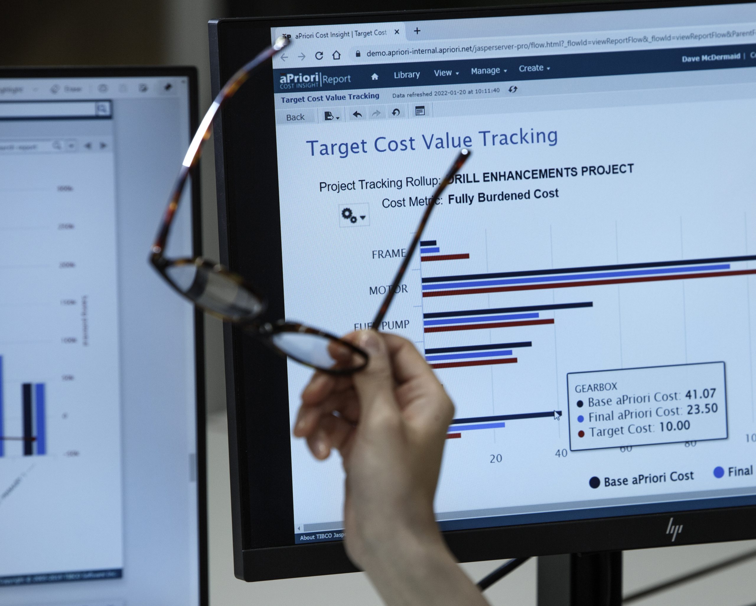 Photo of aPriori software showing target cost value tracking
